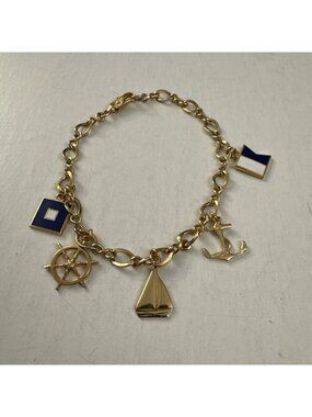 Gold Tone Unmarked Signal Flags Charm Anchor Boat Bracelet 5 Charms LF6